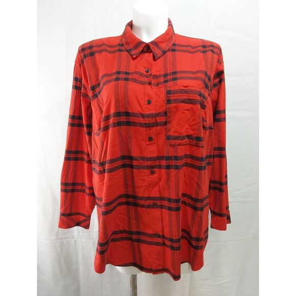 Ava & Viv size 1X Red/Black Plaid Long Sleeve Flannel Button-Up Shirt #L39 - Picture 1 of 6